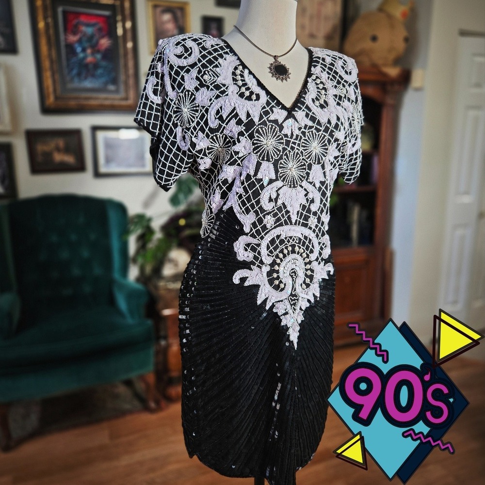 Vintage 90s‎ Stenay 100% Silk Beaded Sequin Cocktail Black Midi Dress Retro